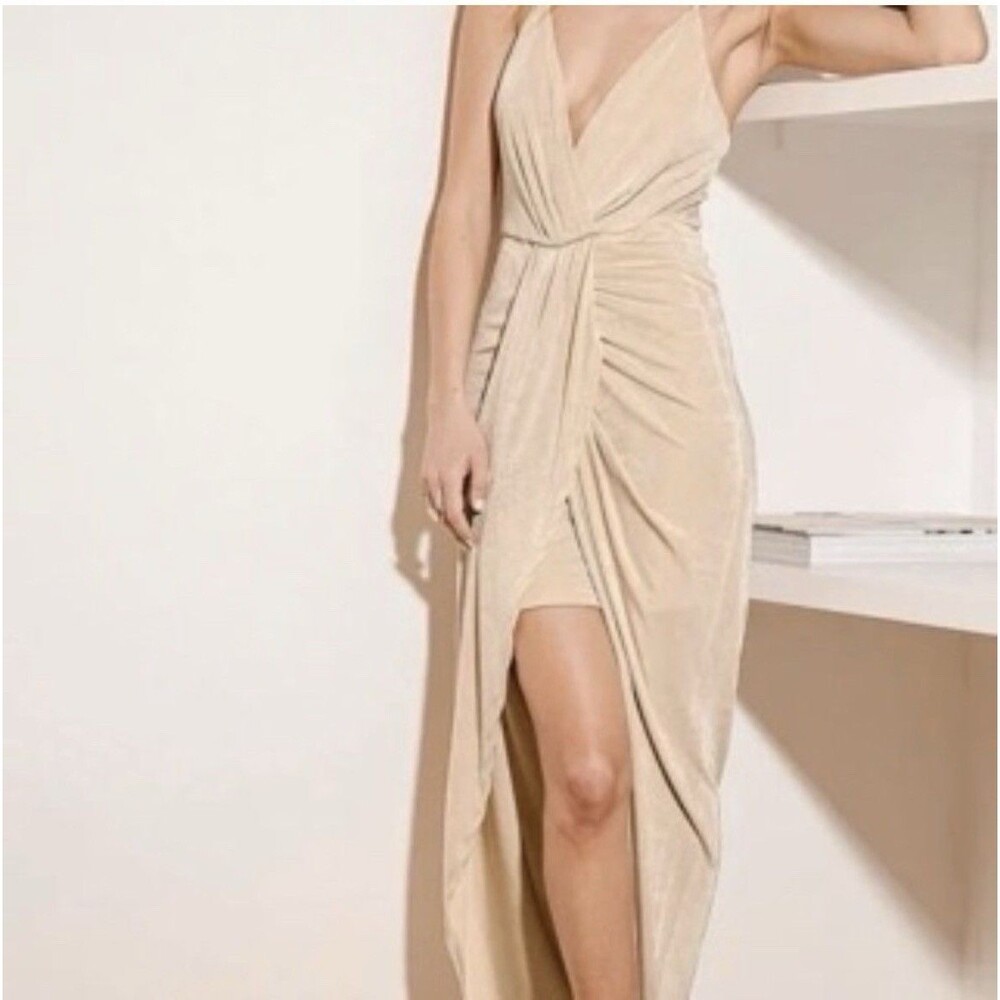 Lulus Dress Womens Cream Dreamy Date Champagne Surplice Midi Stretch Knit